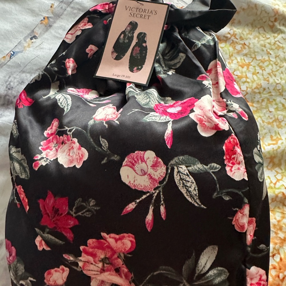 Victoria's Secret Black Satin Floral Drawstring Slippers